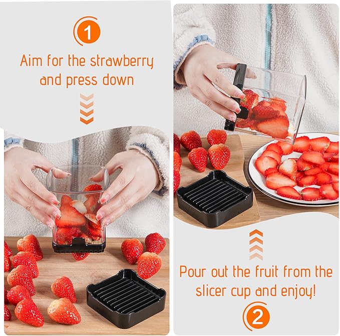 Fruit Slicer Cup for Strawberry, Banana, Hard-Boiled Egg - Detachable Cutter with Push Plate - 304 Stainless Steel Blade - Rapid & Safe Slicing Kitchen Gadget for Quick Meal Prep (Black)