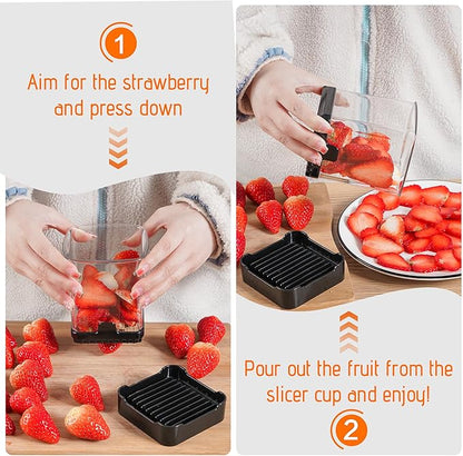 Fruit Slicer Cup for Strawberry, Banana, Hard-Boiled Egg - Detachable Cutter with Push Plate - 304 Stainless Steel Blade - Rapid & Safe Slicing Kitchen Gadget for Quick Meal Prep (Black)