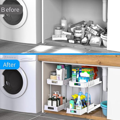 2 Pack Under Sink Organizer with Pull-Out Drawer, 2-Tier Cabinet Storage for Kitchen & Bathroom, Fits Cleaning Supplies & Toiletries, Space Saving for Small Cabinets, Double-layer Sliding White