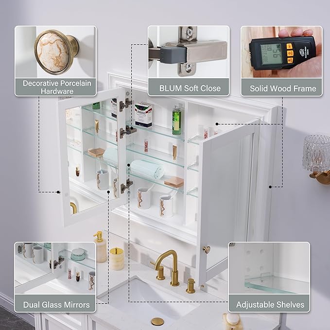 WELLFOR 40"x 32" Bathroom Medicine Cabinet with Dual Mirrors, Recessed Wood Medicine Cabinet with 3-Tier Adjustable Glass Shelves and Soft-Close Door