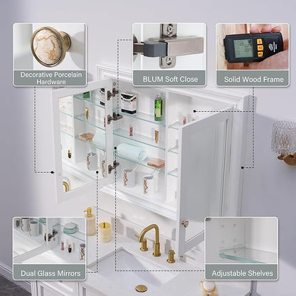 WELLFOR 40"x 32" Bathroom Medicine Cabinet with Dual Mirrors, Recessed Wood Medicine Cabinet with 3-Tier Adjustable Glass Shelves and Soft-Close Door