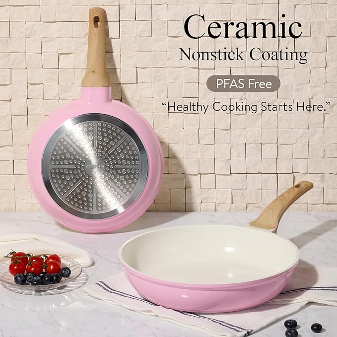 CAROTE 21 PCS Ceramic Cookware Set, Pots and Pans Set Non Stick, Pot and Pan Set with Frying pan, Induction Ready Cooking Set for Kitchen, PFOS/PFOA/PFAS Free, Pink