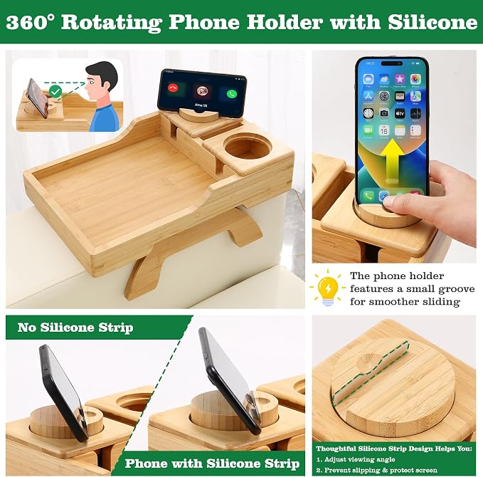 GHKINMAL Bamboo Couch Cup Holder, 4 in 1 Couch Arm Trays with 360°Rotated Phone Holder, Non-Slip Clip on Side Table for Drinks/Remote/Snacks, Ideal Gift for Husband, Wife, Parents