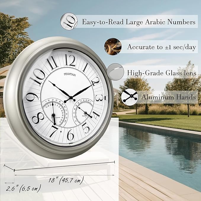 18" Illuminated in/Outdoor Clock with Smart Sensor and Night Light, Waterproof, Large Wall Clock with Thermometer & Hygrometer, for Garden,Pool and Patio Decor (Morning Silver)