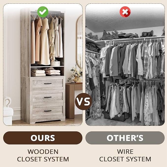 IRONCK Freestanding Closet System with 3 Wood Drawers, Modern Armoire Wardrobe with Adjustable Shelves & Hanging Rod, Walk-in Closet Systems Organizer, Rustic Maple