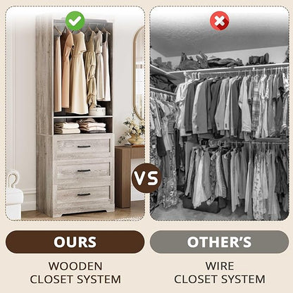 IRONCK Freestanding Closet System with 3 Wood Drawers, Modern Armoire Wardrobe with Adjustable Shelves & Hanging Rod, Walk-in Closet Systems Organizer, Rustic Maple