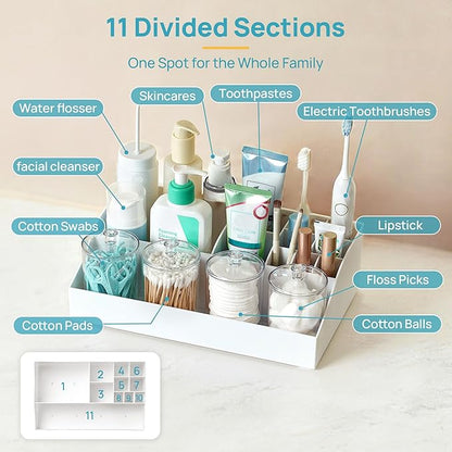 Vtopmart 5 PCS Bathroom Countertop Organizer, 1 Divided Tray with 4 Qtip Holder Jars, Restroom Clear Organizers for Toothbrush, Cotton Pads Balls, Floss, Bathroom Vanity Accessories Storage Set, White