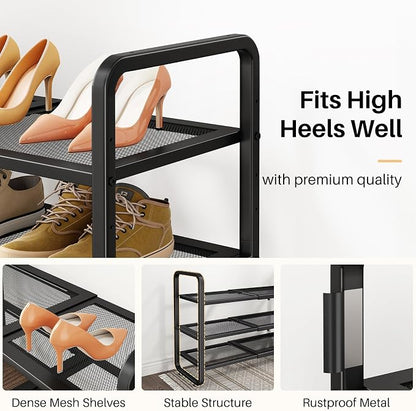 SNTD Shoe Rack - Expandable Shoe Organizer for Closet, Adjustable Metal Shoe Shelf Storage, Stackable Long Shoe Stand Holder for Garage, Entryway, Door Entrance (Black, 3-Tier)
