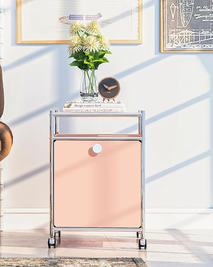 Simplink Matte Storage Cart with Flap Door, Large Capacity Storage Cart with Detachable Wheels, DIY Modern Home Furnishing, Great for Home, Office, Bedroom, Kitchen (Matt Pink)