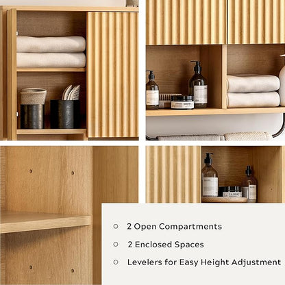 Fluted Wall Cabinets with Doors and Shelves Set of 2, Modern Medicine Cabinet Bathroom Adjustable Shelf Towel Rack Wood Storage Cabinet for Kitchen Dining Room Living Room, Natural Oak
