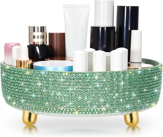 Honeydak Green Bling Perfume Makeup Organizer Bling Mother's Day Nurses Day Gifts for Women Bathroom Organizers and Storage 360 Rotating Makeup Organizer for Countertop(Resin Stone)