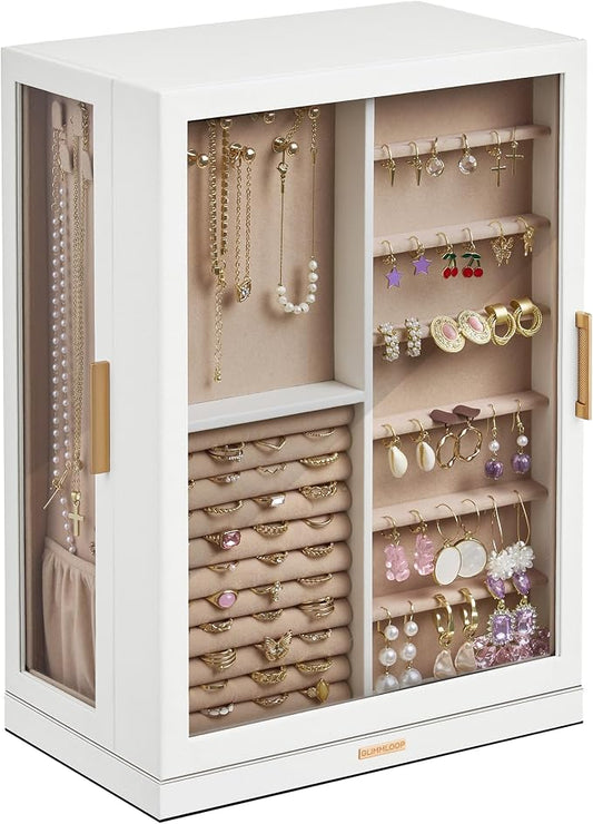 Glimmloop 360° Rotating Jewelry Box with 9 Drawers, Spacious Vertical Jewelry Organizer with Glass Window, Jewelry Storage Case, Dustproof & Moisture-resistant Design, White