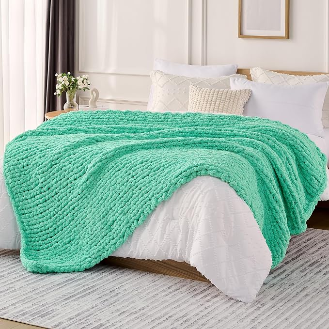 L'AGRATY Chunky Knit Blanket Throw: 50''x60'' Chenille Chunky Knitted Throw Blankets for Bed Couch - Handmade Thick Big Cable Knit Blanket - Large Crochet Rope Blankets for Home Decor(Aqua)