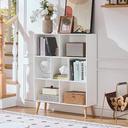 LEYAOYAO Cube Bookshelf 3 Tier Mid-Century White Modern Bookcase with Legs,Retro Wood Bookshelves Storage Organizer Shelf,Freestanding Open Book Shelves for Bedroom,Living Room,Office