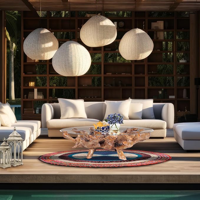 CHIC TEAK Genuine Teak Wood Root Coffee Table Including 55 Inch Round Glass Top Made