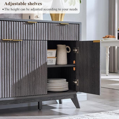 T4TREAM Large Buffet Sideboard Cabinet with Storages, 60" Fluted Modern Buffet Table Coffee Bar Wine Bar Storage Cabinet with 3 Drawers & 4 Doors for Dining Room, Living Room, Hallway(Dark Alder)