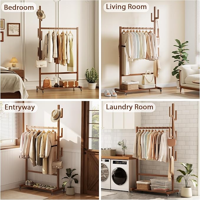 Solid Wood Clothing Rack, Rolling Clothes Racks for Hanging Clothes, Heavy Duty Garment Rack with Wheels, Hanging Rack with 6 Cactus Hooks and Storage Shelf, Easy Assembly, Walnut