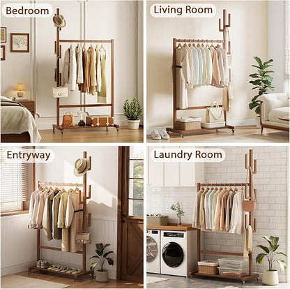 Solid Wood Clothing Rack, Rolling Clothes Racks for Hanging Clothes, Heavy Duty Garment Rack with Wheels, Hanging Rack with 6 Cactus Hooks and Storage Shelf, Easy Assembly, Walnut