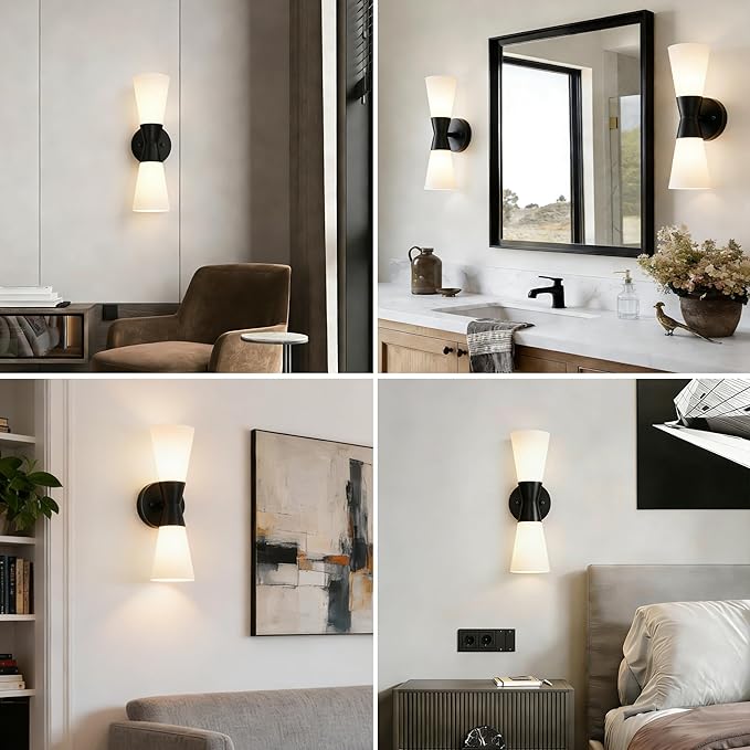 Bathroom Wall Sconce, Modern Indoor Vanity Light Fixtures 15",Up Down Lighting, Wall Mount Lamp for Living Room Bedroom Hallway Stairway Fireplace Mirror E26 Base 1PC White&Black