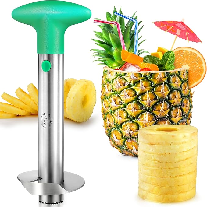 Zulay Kitchen Pineapple Corer and Slicer Tool – Stainless Steel Pineapple Cutter with Eye Remover Tool – Ergonomic Handle & Easy Core Remover – Reinforced Heavy-Duty Blade – Light Green