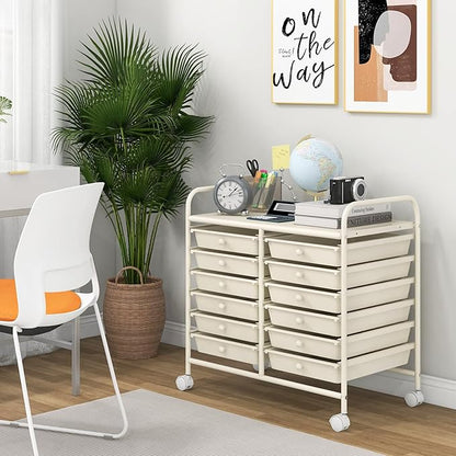 Giantex 12 Drawers Rolling Cart, Mobile Storage Drawer Cart, Classroom Organizer Cart for Office School Supplies Tools Scrapbook Paper Craft Small Printer, Utility Cart on Wheels, White