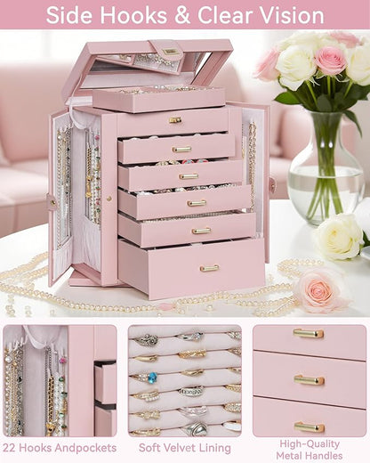 AKOZLIN 360° Rotating Jewelry Box 6-Tier Organizer Functional Jewelry Storage Case for Women Girls Ring Necklace Earring Bracelet Holder with Mirror Pink