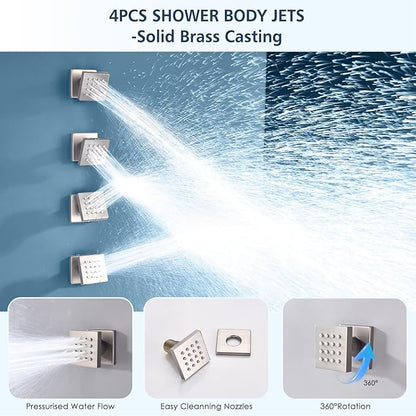 Shower Body Sprays Systems with Push Button, All Metal Shower Jets System, 10" Rain Shower Head with 4PCS Body Jets and Handheld Shower Faucet Sets Complete, Rough-in Valve, Brushed Nickel