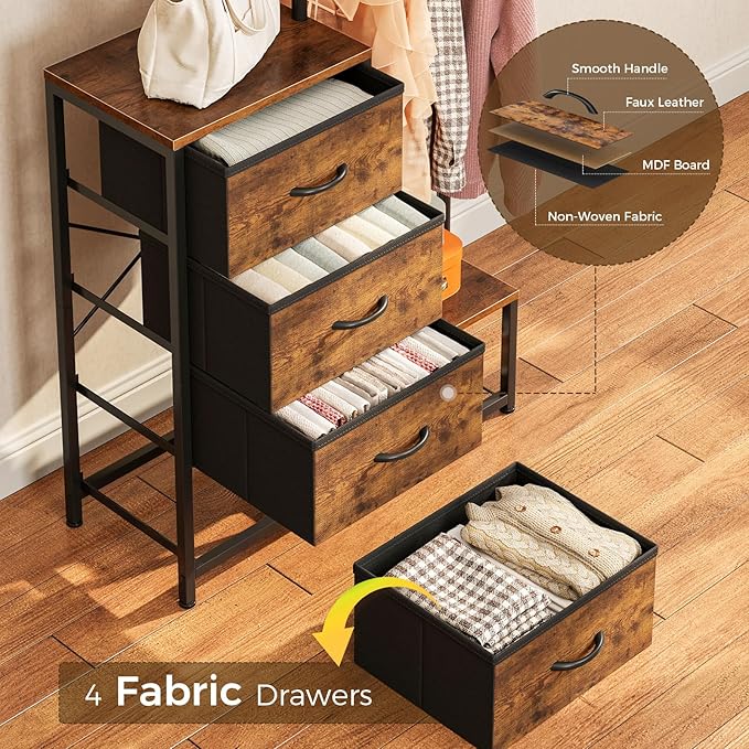 KKL Small Dresser for Bedroom with Clothes Hanging Rack, Reversible Bedroom Dresser with Shoe Rack & 4 Fabric Drawers, 3-in-1 Storage Chest of Drawers with Storage Shelves & Tree Hooks, Vintage