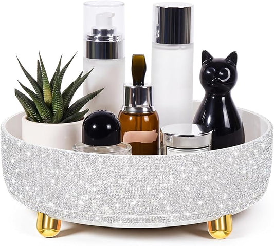 Honeydak Bling Perfume Makeup Organizer Bling Mother's Day Nurses Day Gifts for Women Bathroom Organizers and Storage 360 Rotating Makeup Organizer for Countertop(1 Tier,Rhinestone,White)