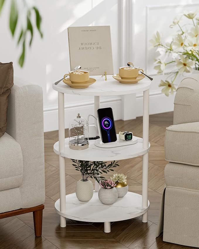 Small Round Side Table - 3-Tier Oval Accent Table for Small Spaces, Rustic Wood and Metal Nightstand for Living Room or Bedroom, with Built-in USB Ports and Power Outlet, Marble White