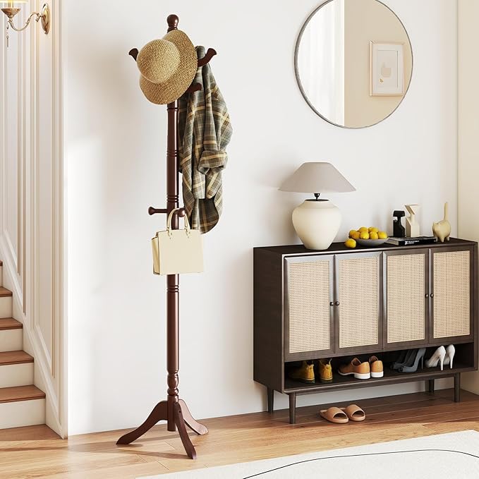 Giantex Solid Wood Coat Rack, Freestanding Hall Tree with 3 Adjustable Heights and 11 Hooks, Rubber Wood Frame, Entryway Hanger Stand, Wooden Garment Rack for Hallway, Living Room (Reddish Brown)