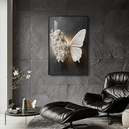 Framed Black and White Butterfly Wall Art, Modern Elegant Prints Paintings Artwork for Walls, Romantic Butterfly and Floral Pictures for Living Room Dining Room Bedroom Lounge Wall Decor 24x36 In