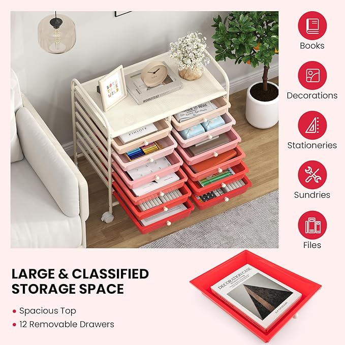 Giantex 12 Drawers Rolling Cart, Mobile Storage Drawer Cart, Classroom Organizer Cart for Office School Supplies Tools Scrapbook Paper Craft Small Printer, Utility Cart on Wheels, Pink Gradient