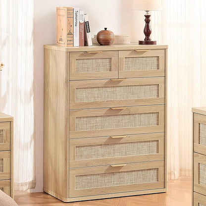 LEYAOYAO Rattan Dresser for Bedroom Set of 2, 41" Tall Chest of Drawers, Modern 6 Drawers Boho Dressers with Storage, Light Oak Dresser Wooden Closet Organizer for Living Room, Hallway, Natural Wood