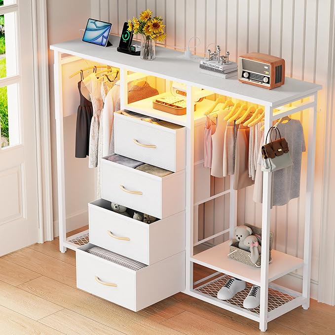 Dresser with Hanging Clothes Rack, 4 Drawers Dresser for Bedroom with LED Lights and Charging Station, Fabric Storage Chest of Drawers for Closet with Clothes Rack Bedroom Kid’s Room, Metal, White