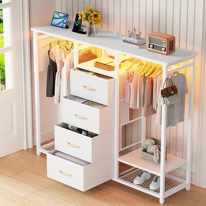 Dresser with Hanging Clothes Rack, 4 Drawers Dresser for Bedroom with LED Lights and Charging Station, Fabric Storage Chest of Drawers for Closet with Clothes Rack Bedroom Kid’s Room, Metal, White