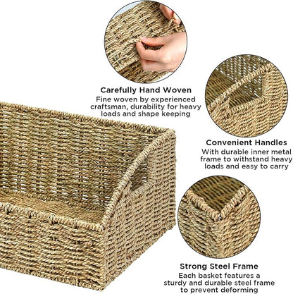 Ollieroo Rattan Storage Baskets, Handwoven Wicker Storage Bins with Built-in Handles, Storage Container Baskets for Shelves, Bedroom, Bathroom, Laundry Room or Kitchen(Green)