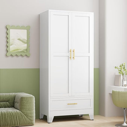 GAIOUS Metal Armoire Wardrobe Closet Cabinet with 2 Doors and Drawer, 71" | Household Wardrobe Cabinet with Hanging Rod, Clothing Storage Cabinet with Adjustable Shelf for Bedroom Cloak Room Gym White