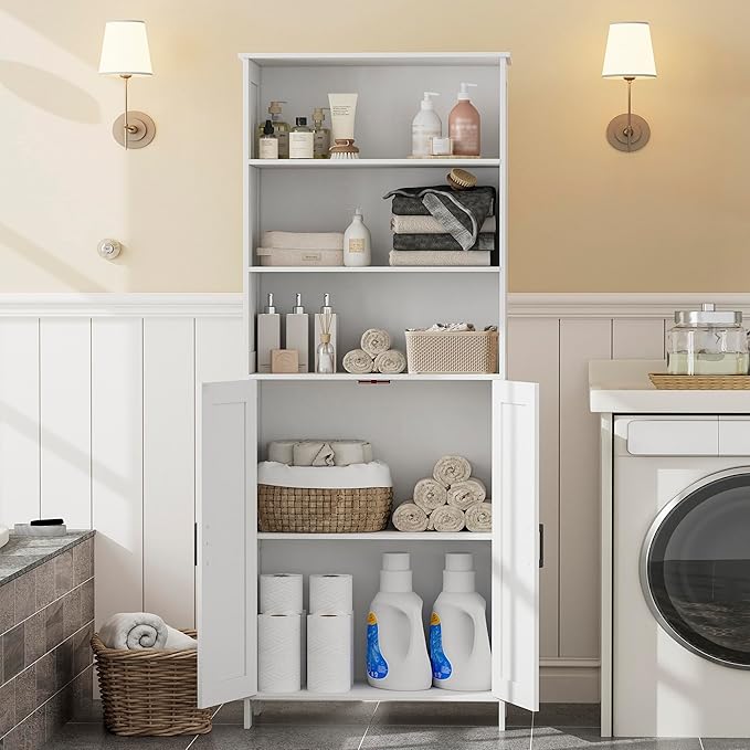 Homhedy 67" Tall Bathroom Storage Cabinet, Freestanding Farmhouse Cabinet with 2 Doors and Adjustable Shelf, Bathroom Organizers and Storage for Kitchen, Living Room, Laundry Room, White