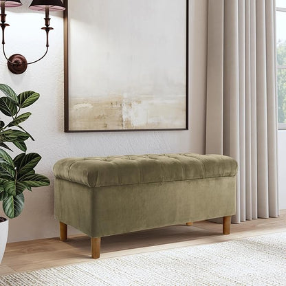 Homepop Home Decor | Tufted Ainsley Button Storage Ottoman Bench with Hinged Lid | Ottoman Bench with Storage for Living Room & Bedroom,Light Sage Green Velvet