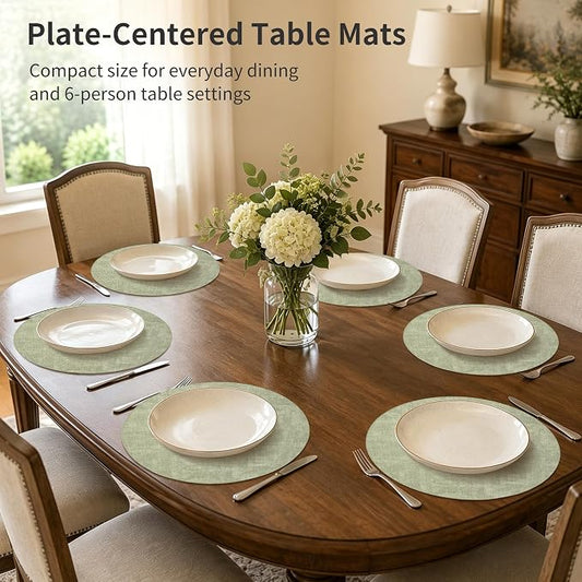 Maxpearl Round Placemats Set of 6, 13.8 inch Faux Leather Heat Resistant Table Mats, Non Slip Waterproof Wipeable Place Mats for Kitchen Dining Holiday Party Table Settings, Sage Green