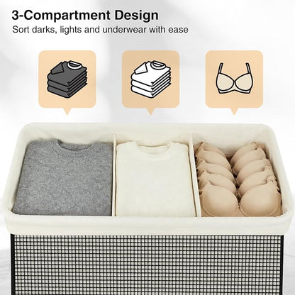 STO STO Laundry Hamper 3 Section with Lid, 180L Large 3 Compartment Laundry Sorter, Laundry Basket with Removable Washable Liner Bag, Breathable Clothes Hamper for Bedroom Bathroom Laundry Room Closet