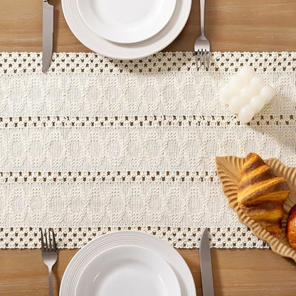 Socomi Boho Table Runner Macrame Long Valentine's Day Farmhouse Woven Cotton Linen Rustic Coffee Table Runner with Tassels for Dresser Scarf Home Decor Dining Room 12x108 inch Cream Ivory