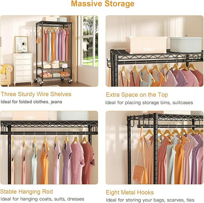 FUTASSI P6 Rolling Clothes Rack Heavy Duty, Clothing Racks for Hanging Clothes, Freestanding Garment Rack with Wheels, Portable Closet Rack Max Load 380 LBS, 35.5'' W x 14'' D x 74.6'' H, Black