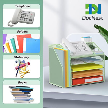 DocNest 5 Tier Paper Letter Tray File Organizer, Mesh Desk File with Handle, Workspace Desk Organizers with Pen Holder, Office Organization Storage Accessories - Green