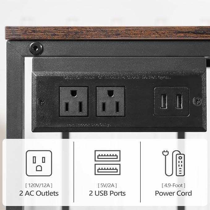 MAHANCRIS Mobile Printer Stand, 3-Tier Industrial Printer Cart with Power Outlets and 2 USB Ports, Rolling Printer Table on Wheels for Home Offices Kitchen Organization Rack, Rustic Brown PTHR78E01