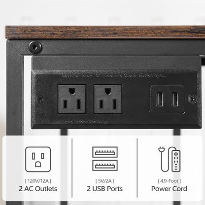 MAHANCRIS Mobile Printer Stand, 3-Tier Industrial Printer Cart with Power Outlets and 2 USB Ports, Rolling Printer Table on Wheels for Home Offices Kitchen Organization Rack, Rustic Brown PTHR78E01