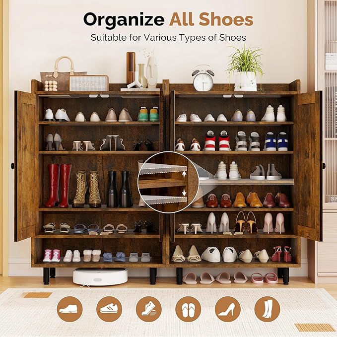 Farmhouse Shoe Cabinet with Doors, 6-Tier Wooden Shoe Organizer with Adjustable Shelves, Entryway Storage Cabinet, Rustic Shoe Storage for Entryway or Living Room (Rustic Brwon)