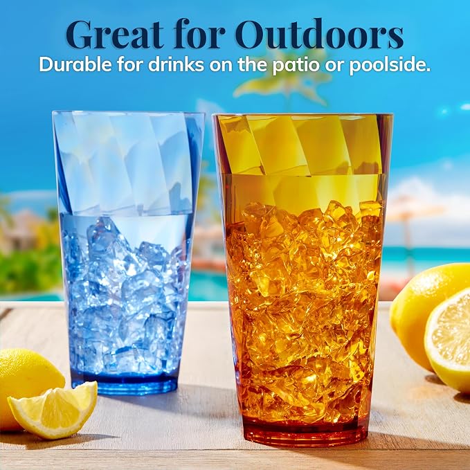 US Acrylic Optix Plastic Reusable Drinking Glasses (Set of 8) 20oz Water Cups in Jewel Tone Colors | BPA-Free Tumblers, Made in USA | Top-Rack Dishwasher Safe
