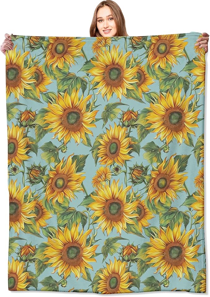 Sunflower Blanket,Vintage Yellow Floral Aesthetic Throw Blankets,Gifts for Women & Flower Lovers,Lightweight Soft Fleece,for Picnic Sofa Couch Bed Room Travel,Birthday Decor,50x60in